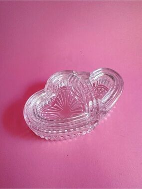 Vintage Clear Glass Double Heart Trinket Lidded Dish Set